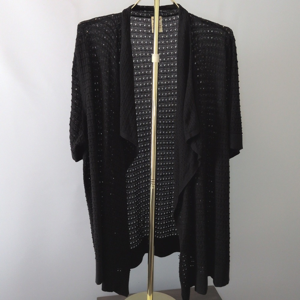 Faded Glory Cardigan Womens 2X Black Pointelle Draped Open Front Knit Sweater